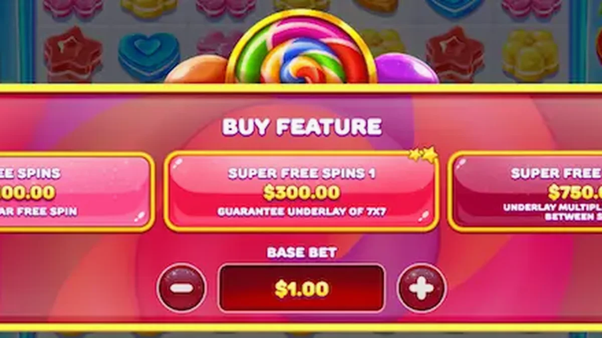 Candy Rush slot machine interface featuring vibrant candy symbols and tropical background.
