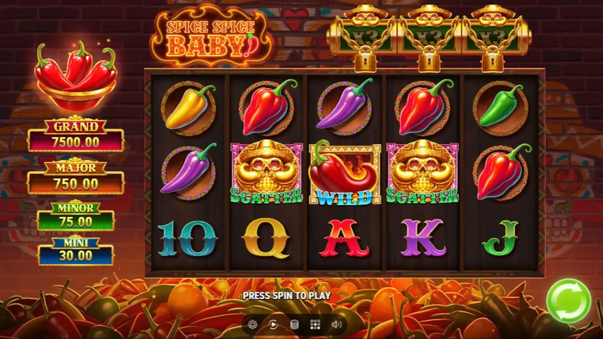 Interface vibrante do slot Spice Spice Baby com pimentas coloridas e elementos de festa mexicana