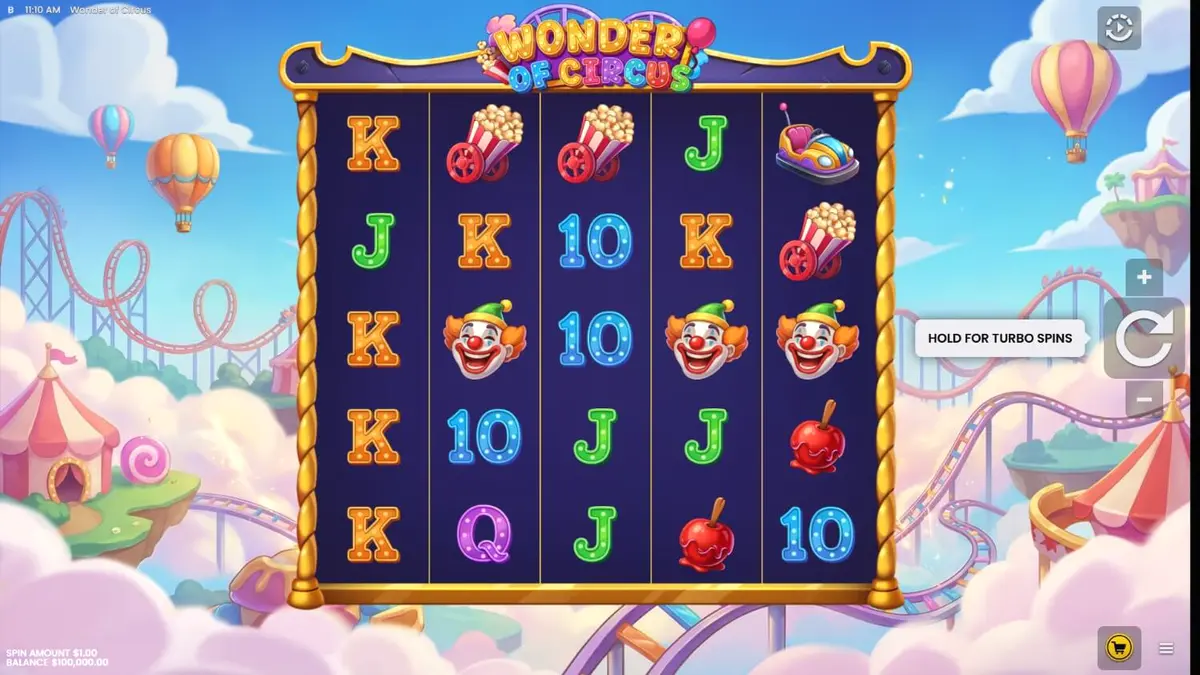 Interface vibrante do slot Wonder of Circus com elementos de neon e circo