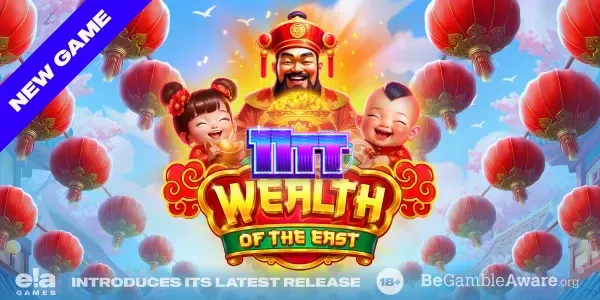 Cena festiva do slot Wealth of the East com lanternas e elementos orientais